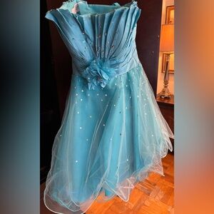 Mari Lee Strapless Pageant Dress with Floral Accent and Lace Up Back Size 9/10